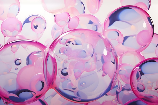 Una presentación caprichosa de burbujas transparentes rosas y azules