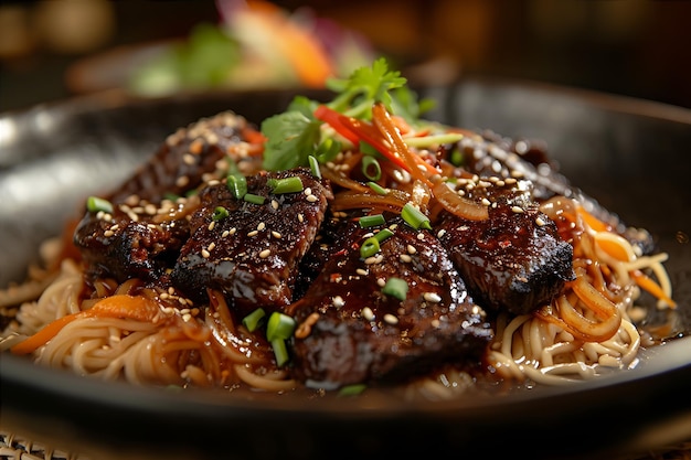 Presentación de carne negra con verduras y fideos