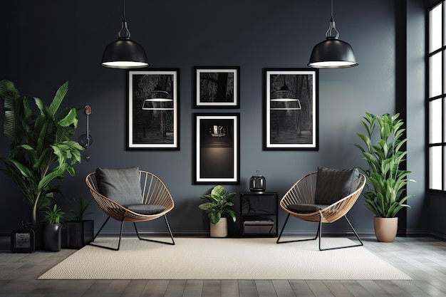 Para la presentación de un cartel un espacio interior con un simple fondo plateado metálico y un fondo negro con cuatro marcos fotográficos en la pared una silla solitaria y plantas