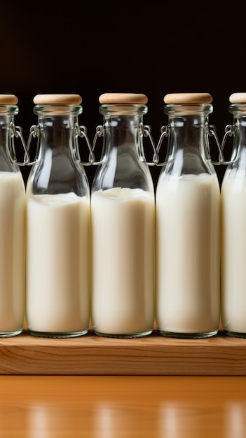 Presentación cautivadora Las botellas de leche armonizan con un marco de madera que ofrece atractivo visual Vertical