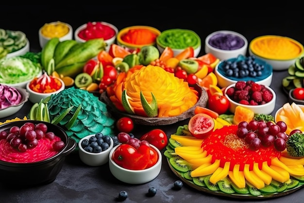 Presentación de comida colorida con diferentes frutas y verduras creadas con IA generativa