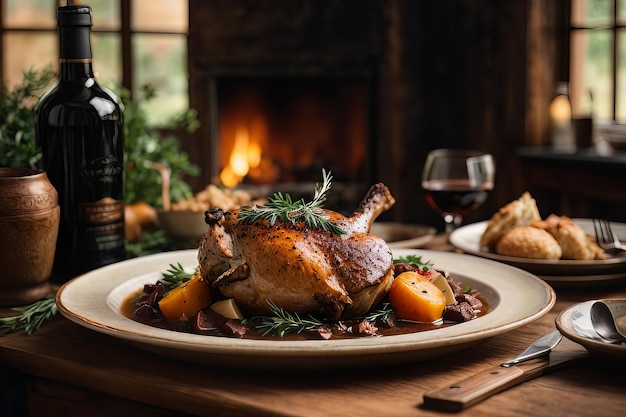 Presentación de Coq au Vin con elegancia rústica