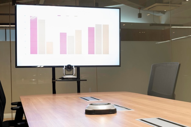 Presentación de diapositivas de gráficos simulados en pantalla de televisión en la sala de reuniones