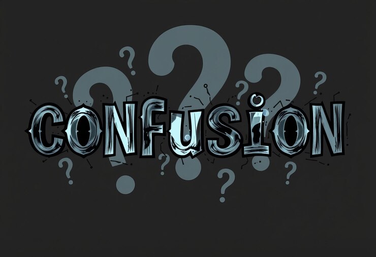 Foto presentación del diseño tipográfico de la palabra confusión con letras caóticas mezcladas con un fondo