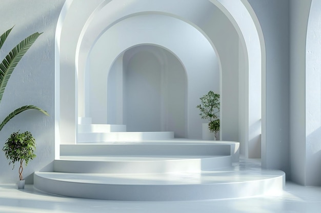 Presentación de fondo geométrico abstracto con podio de escenario blanco vacío y formas simples para producir