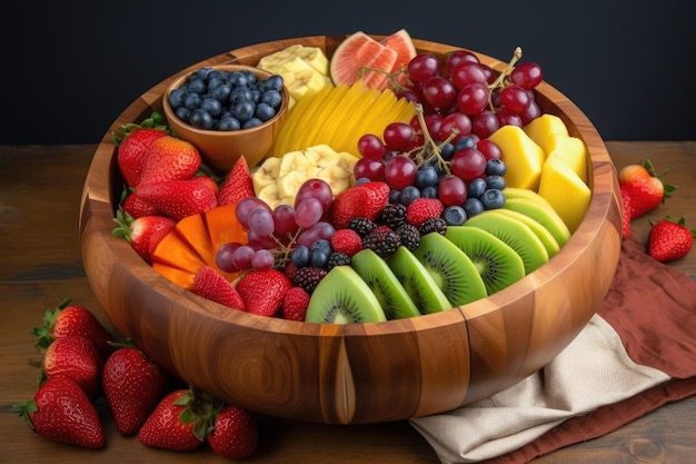 Presentación de frutas coloridas con bayas de frutas cortadas en un tazón de madera creado con ai generativo