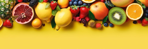Foto presentación de frutas tropicales sobre un fondo amarillo vibrante.