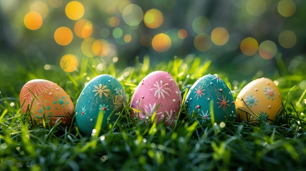 Presentación huevos de Pascua coloridos en la hierba fondo borroso tema de primavera colores vibrantes