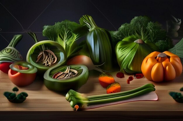 Presentación de los ingredientes de los alimentos en una mesa de madera