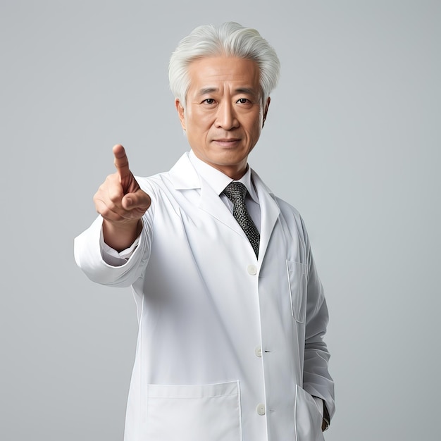 Presentación de un médico japonés en una conferencia mientras señala una bata blanca mirando a la cámara