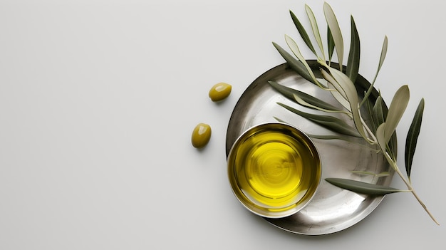 Presentación minimalista del aceite de oliva en un plato con hojas frescas estilo simple y elegante ideal para conceptos de alimentos saludables IA