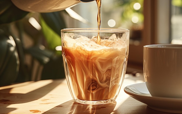 Presentación minimalista de café vertiendo en una taza IA generativa