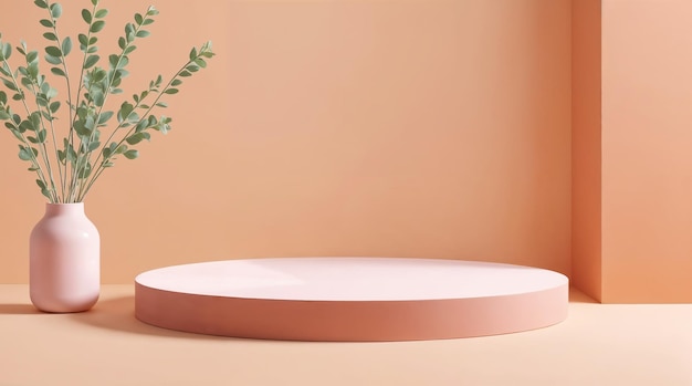 Presentación minimalista del producto con un podio y una planta