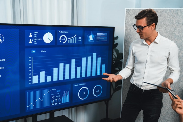 Foto presentación en la oficina o sala de reuniones con un equipo de analistas que utiliza bi fintech para analizar datos financieros empresarios que analizan la visualización del poder del panel de bi en la pantalla del televisor para la planificación estratégicaprudente