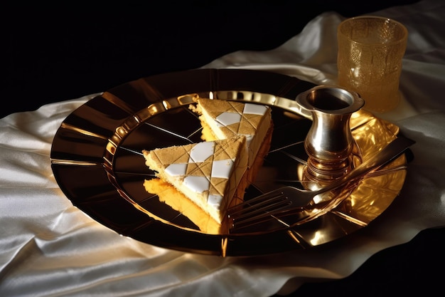 Presentación de postre de lujo en un plato dorado