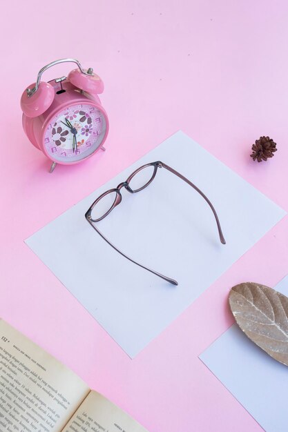 Presentación del producto de los anteojos Minimalist Concept Idea libro reloj hojas secas sobre fondo de papel rosa
