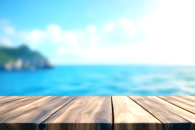 Presentación del producto de mesa de madera vacía con fondo de playa borroso