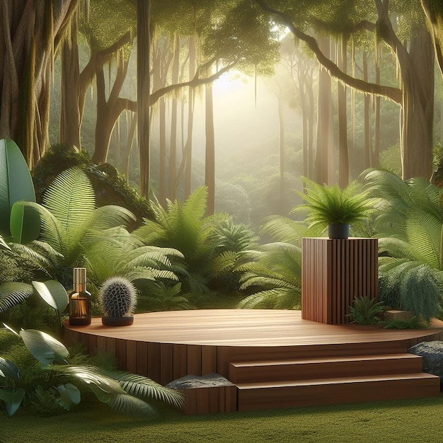 Presentación del producto con un podio de madera en medio de un exuberante bosque tropical