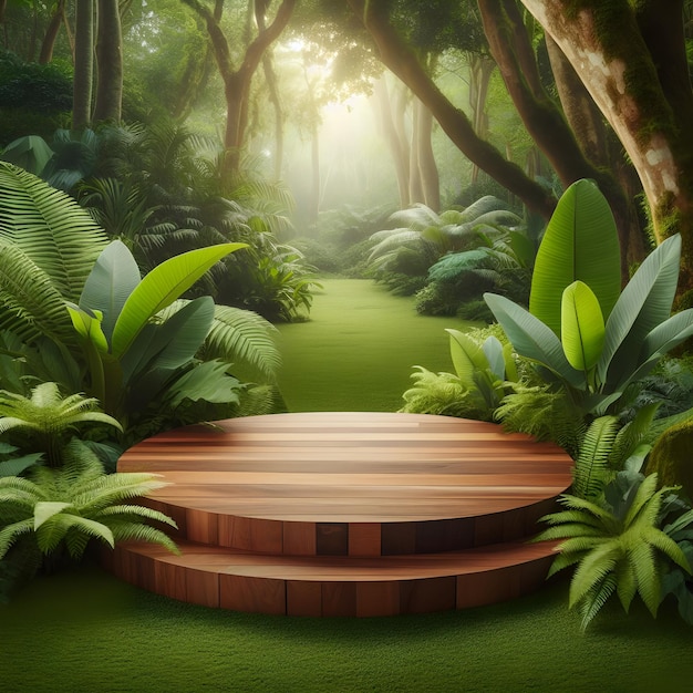 Presentación del producto con un podio de madera en medio de un exuberante bosque tropical
