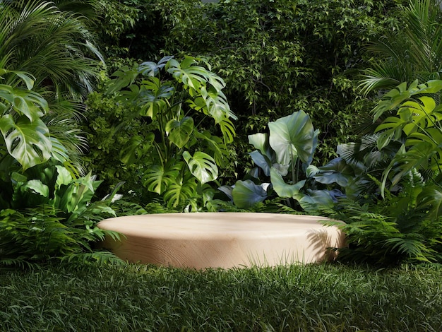 Presentación del producto con un podio de madera en medio de un exuberante bosque tropical.