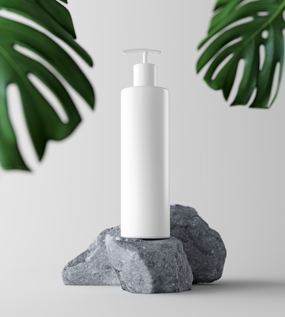 Presentación de productos de cosmética natural entre bastidores. Colocación del bosque de nuestras puertas. Botella de champú de tarro en blanco blanco. Contenido de ilustración 3d