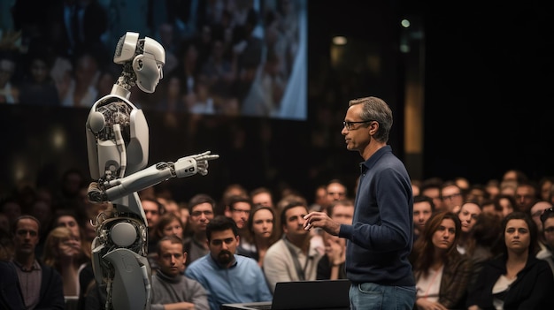 Presentación de un robot con IA en una conferencia frente a la gente