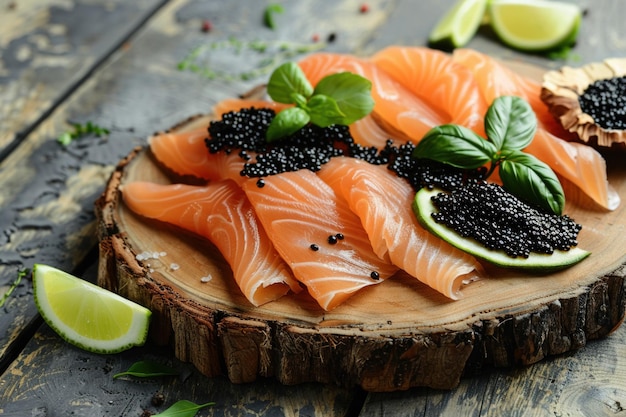 Una presentación rústica de caviar negro y rebanadas de salmón ahumado en una tabla de madera