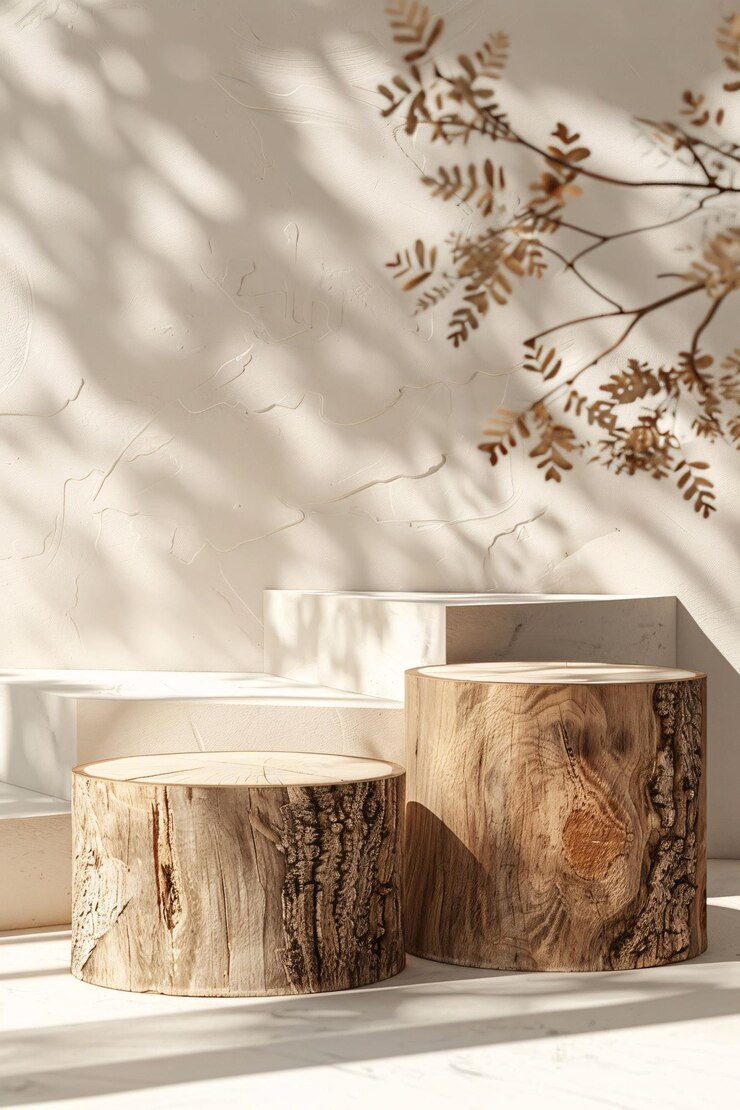 Presentación sencilla y elegante del producto con dos podios de madera y textura de tronco de árbol