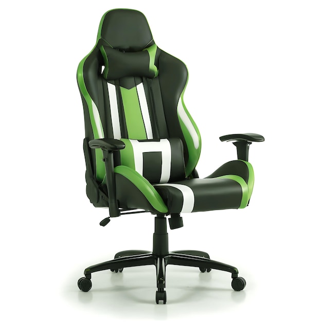 Presentación de la silla de juego verde negra fondo blanco