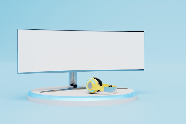 Presentación del sistema acústico de TV TV y auriculares en un podio blanco redondo 3D Render
