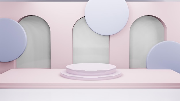 Presentación de stand de producto pastel azul y púrpura de podio de forma de geometría abstracta con estilo minimalista