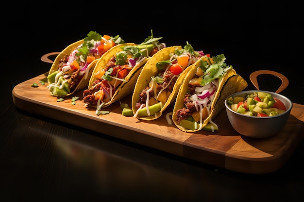 Presentación de tacos en bandeja de madera con guarniciones