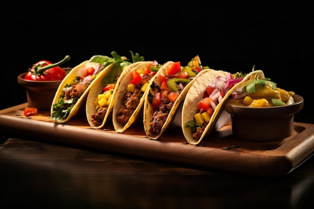 Presentación de tacos en bandeja de madera con guarniciones