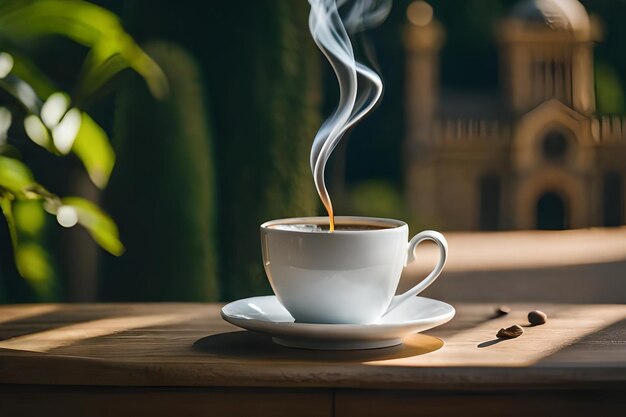 Presentación de taza de café en un lujoso castillo francés