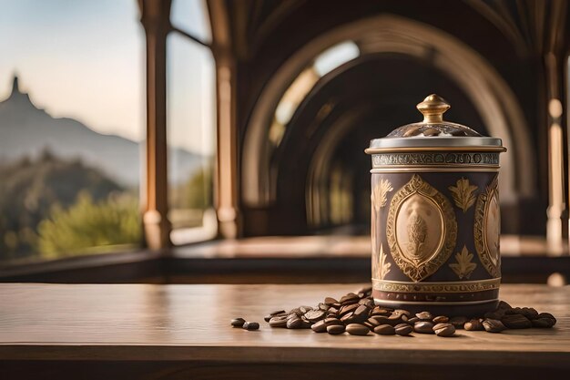 Presentación de taza de café en un lujoso castillo francés