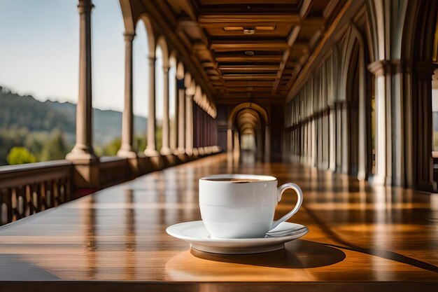 Foto presentación de taza de café en un lujoso castillo francés