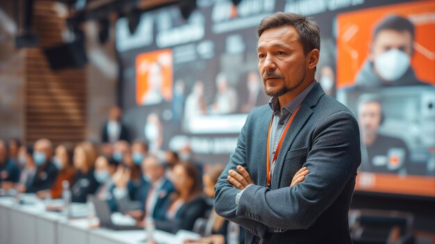 Presentador de conferencias cerca de una pantalla gigante en un entorno corporativo