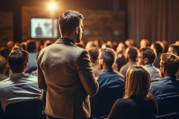 Presentador masculino dando una charla en una sala de conferencias IA generativa