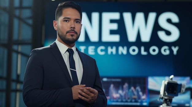 Foto presentador de noticias profesional en traje sosteniendo una tableta y de pie frente a una cámara en un estudio de noticias