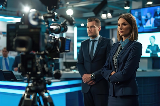 Foto un presentador y una presentadora de televisión presentan las noticias en un estudio de noticias de televisión