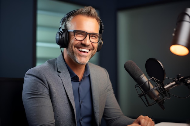 Presentador de radio feliz hablando en un micrófono en un estudio