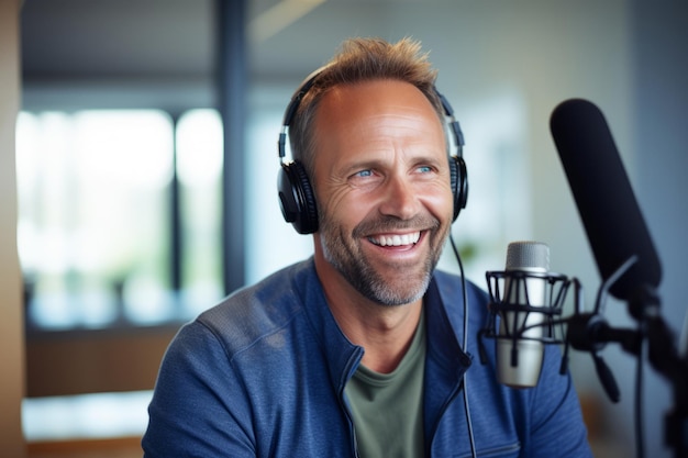 Presentador de radio feliz hablando en un micrófono en un estudio