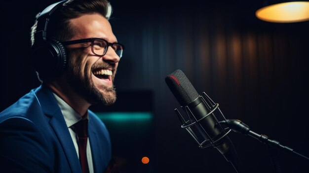 Presentador de radio feliz hablando en un micrófono en un