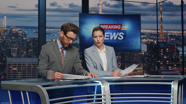 Foto presentadores iluminando notícias de última hora no estúdio de televisão closeup âncoras discutindo