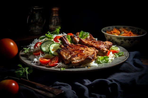 Foto presentas las chuletas de cerdo y la ensalada de cuña