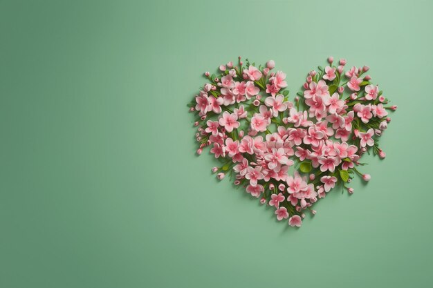 Foto presente com amor para o dia dos namorados flores cor-de-rosa em forma de coração carta postal com espaço vazio em fundo verde ia geradora