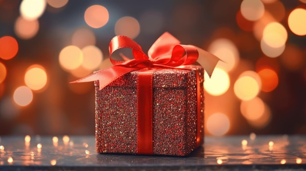 Presente de Natal amarrado com uma fita vermelha em um fundo de bokeh dourado IA geradora