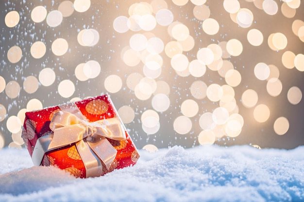 Presente de Natal embrulhado em papel kraft vermelho sobre fundo de textura de vendas de férias de inverno neve