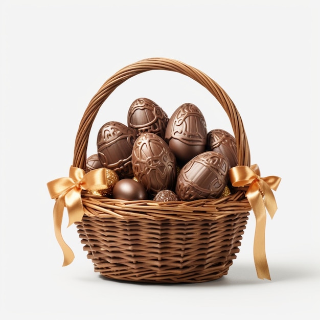 Foto presente de ovo de páscoa de chocolate em uma cesta isolada em fundo branco