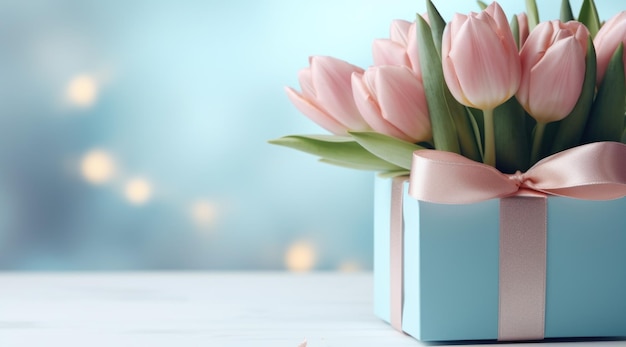 presente e tulipas cor-de-rosa em fundo azul